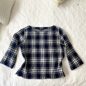 Madewell Black Blue Plaid Flannel Boat Neck Popover Top